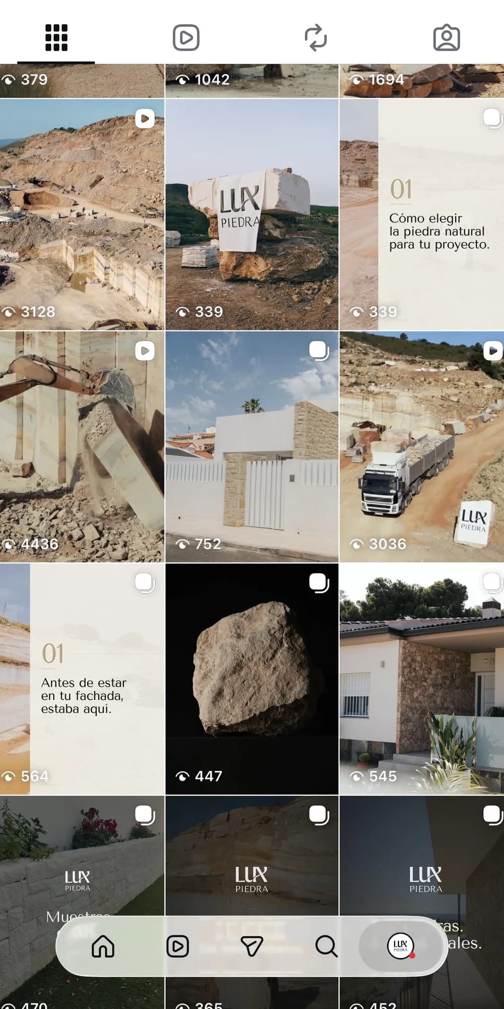 Parrilla de publicaciones de Luxpiedra: cantera, obra, producto y divulgación