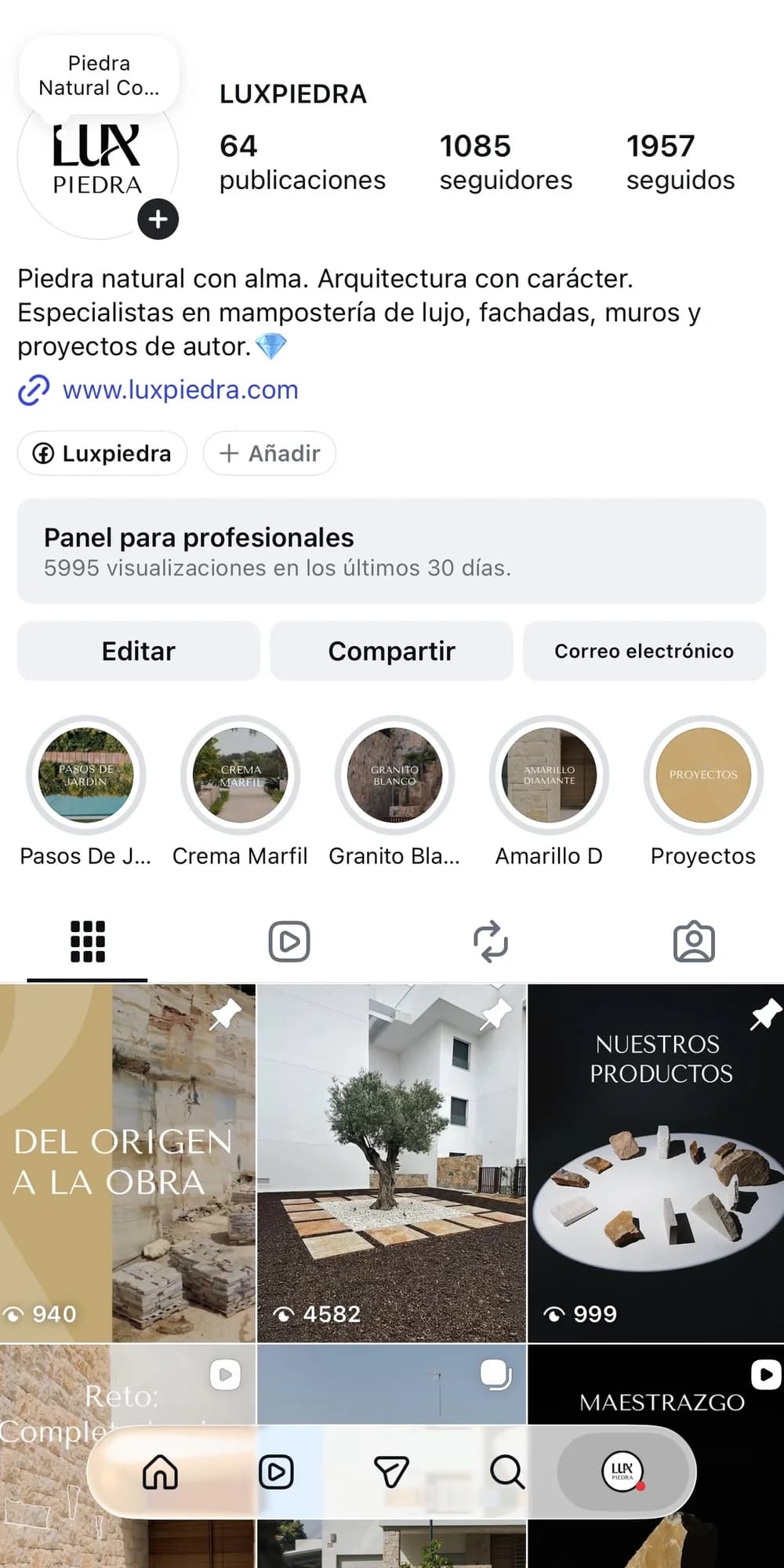 Perfil de Instagram de Luxpiedra: bio, destacados por tipo de piedra y primeras publicaciones