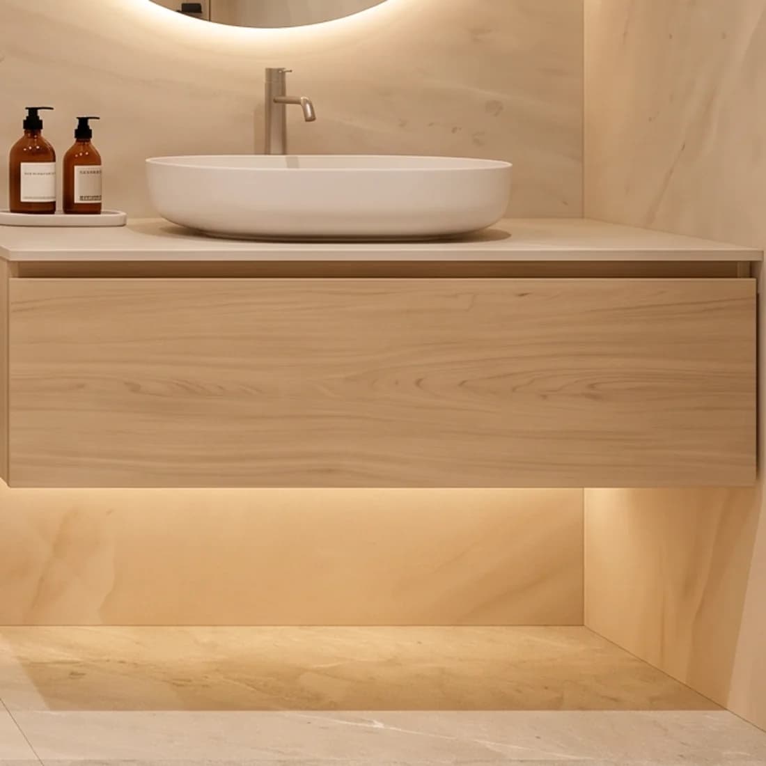 Suspended oak washbasin unit with a lit niche below