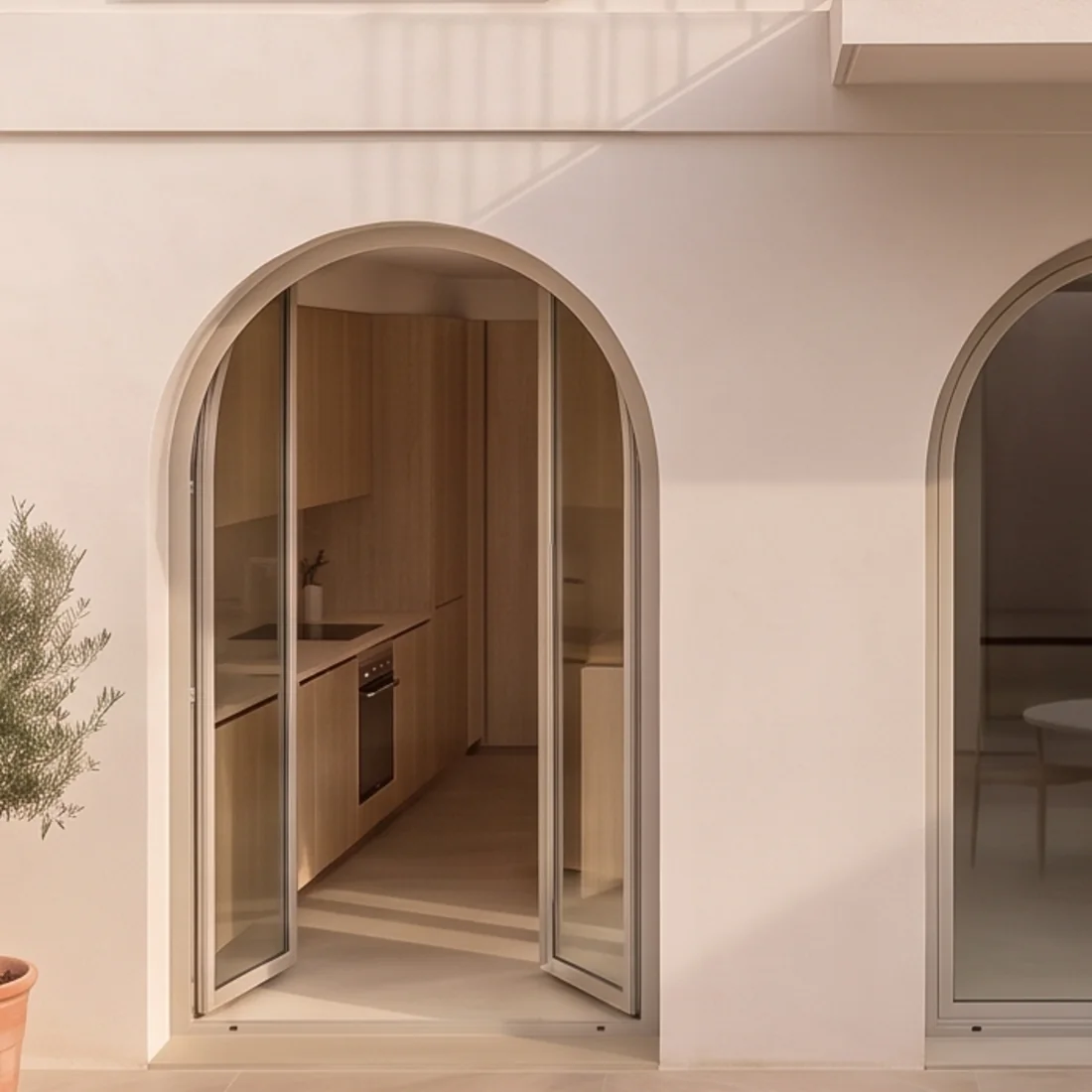 The courtyard arches with the timber joinery opening onto the kitchen
