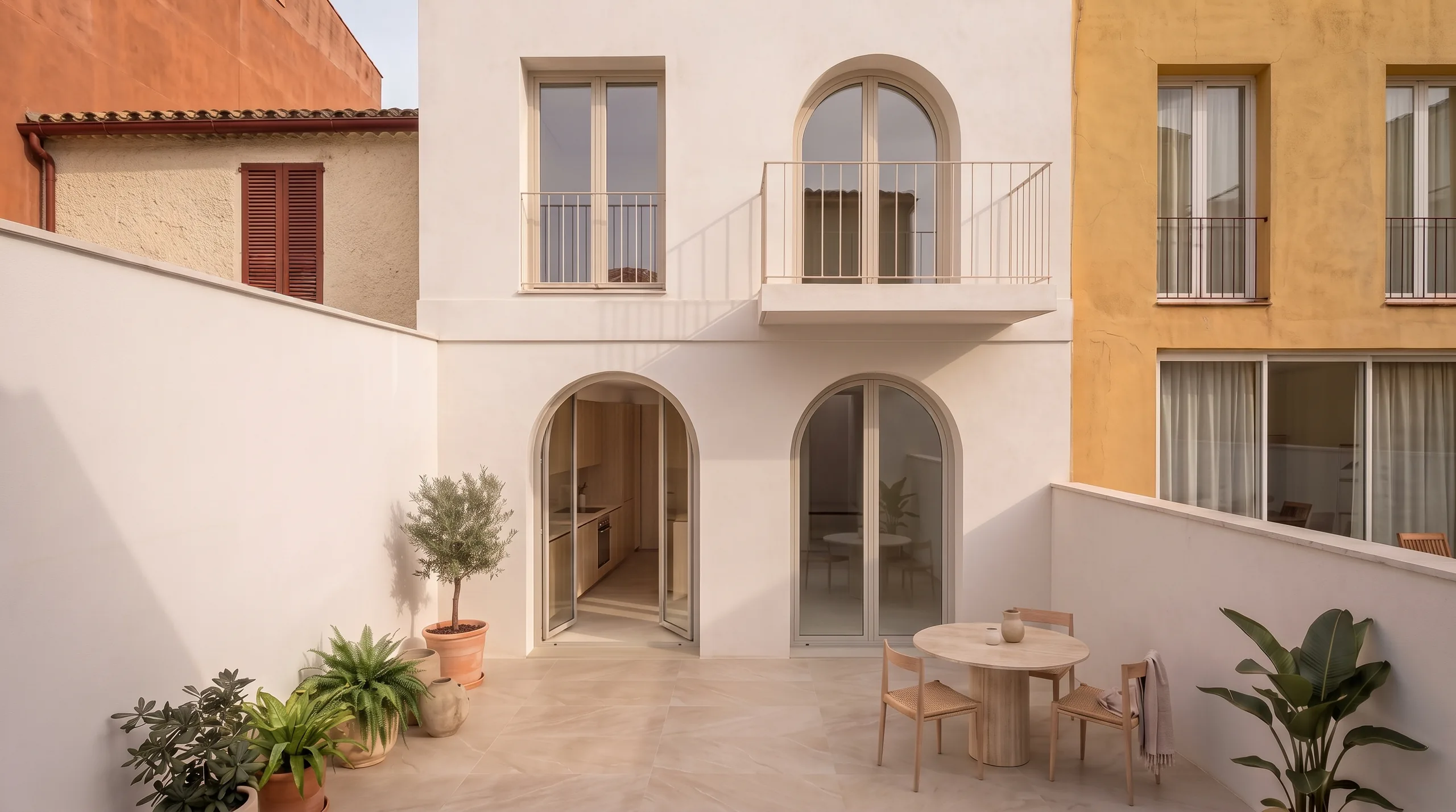 Interior courtyard with its arched openings, round table and potted olive trees