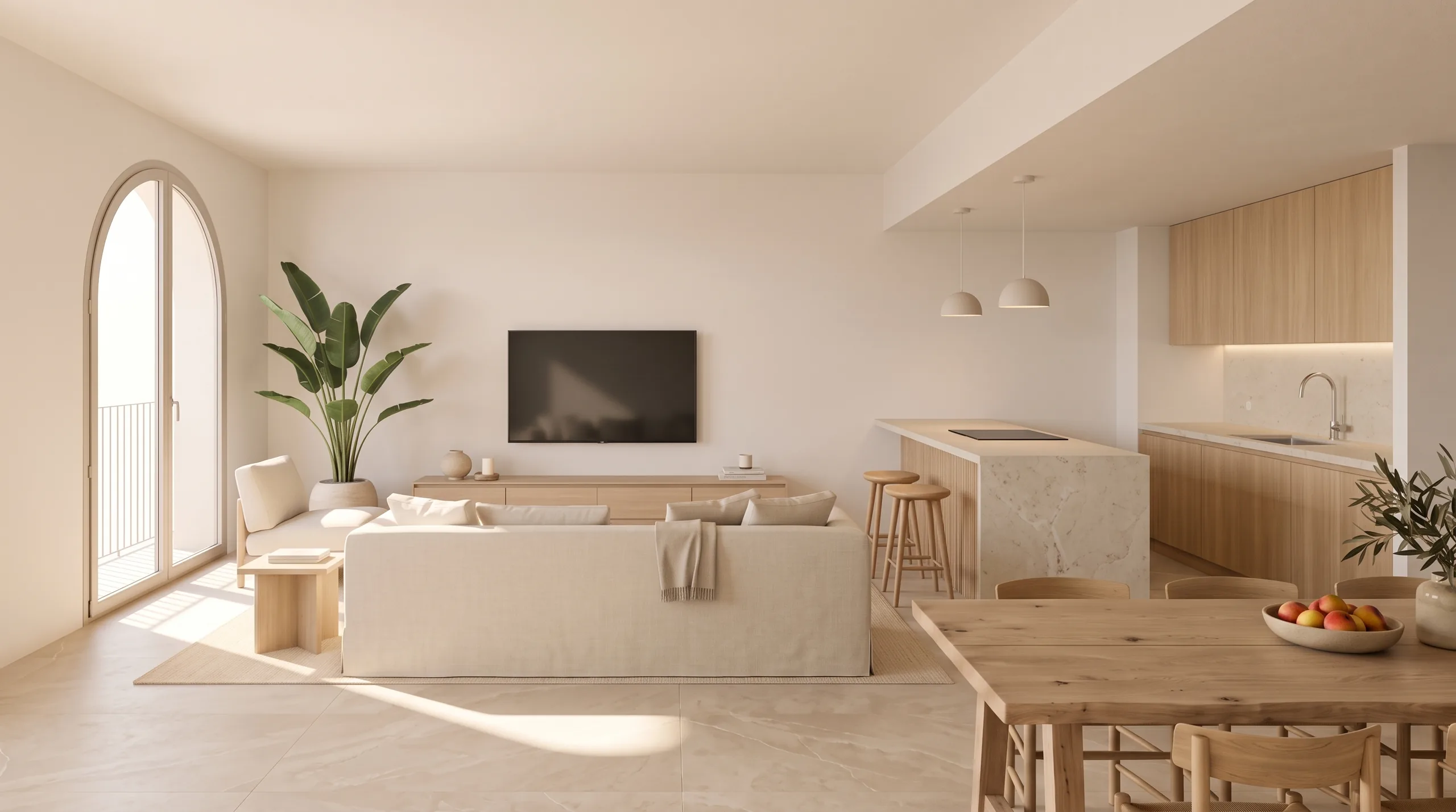 The same living room rendered, furnished and with light coming through the arch