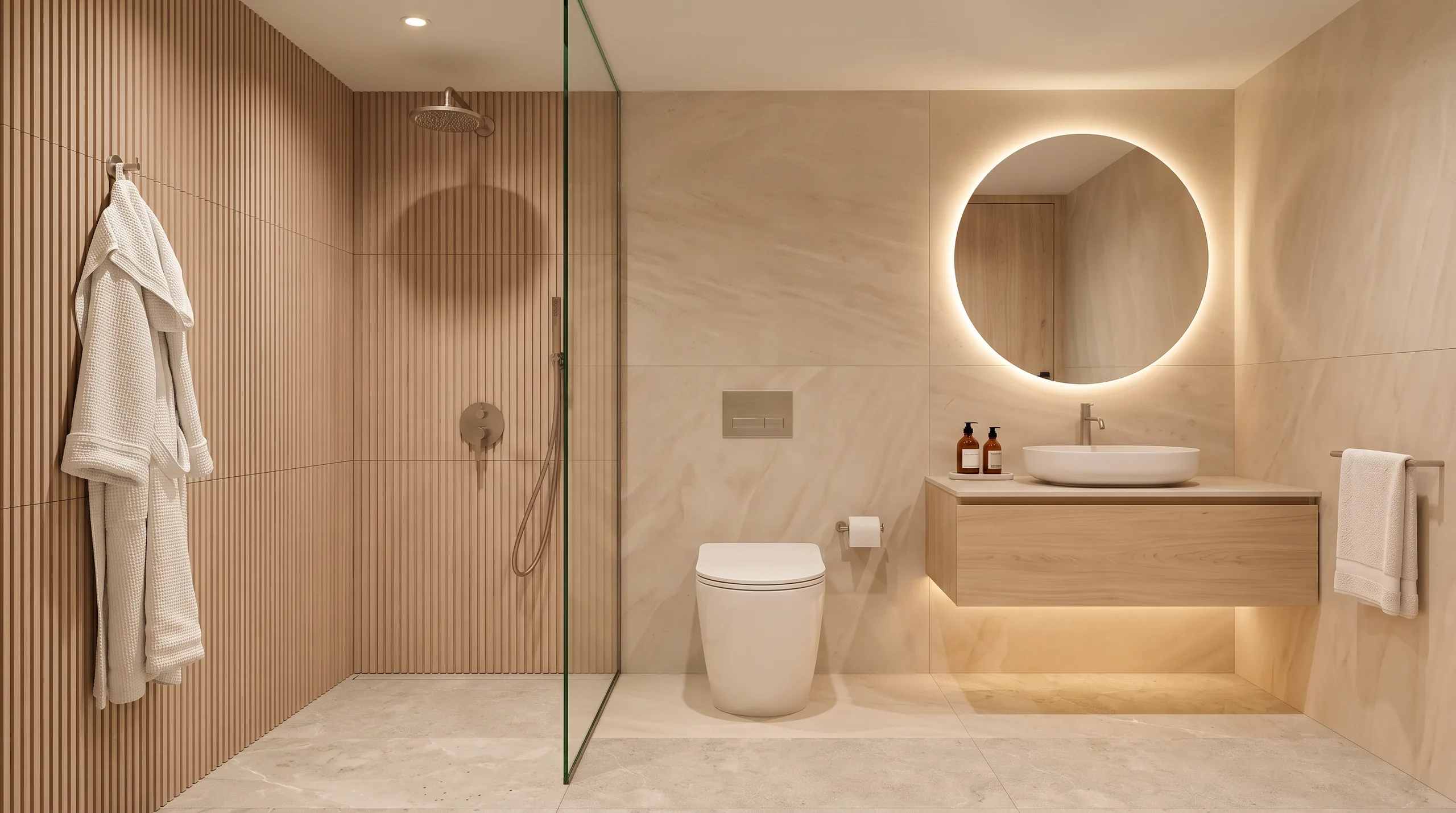 Bathroom with a walk-in shower, slatted timber wall and backlit round mirror