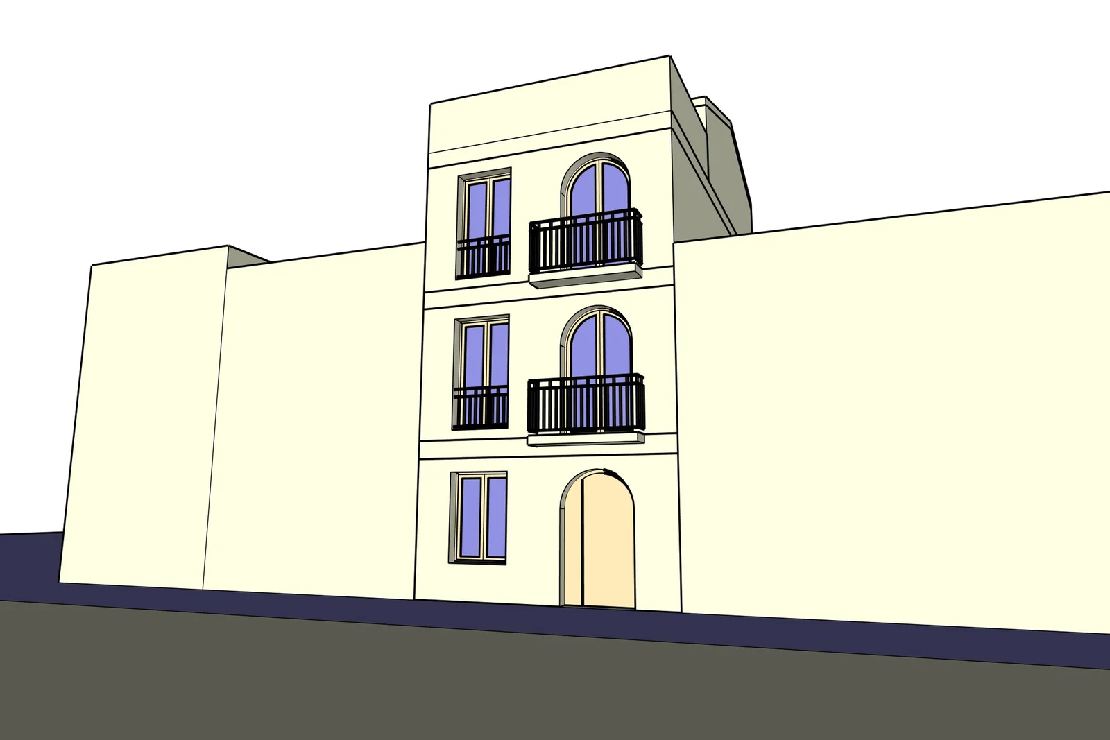 The project volume modelled in SketchUp between the neighbouring party walls, with the viewpoint already set