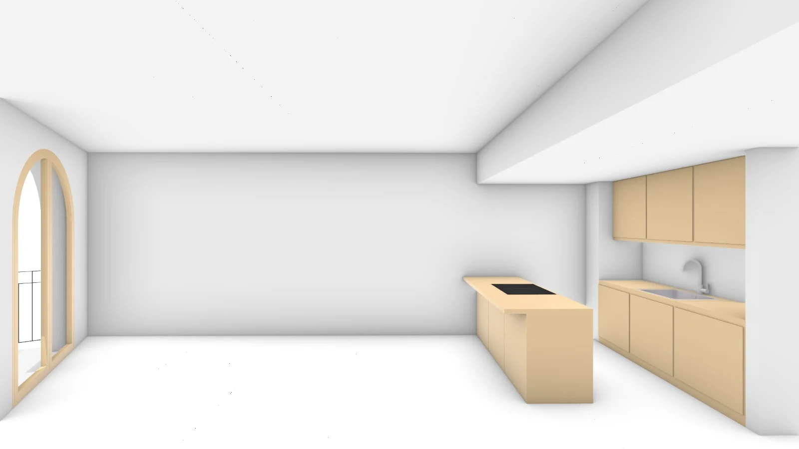 Untextured 3D model of the living and dining room, with the island and kitchen units