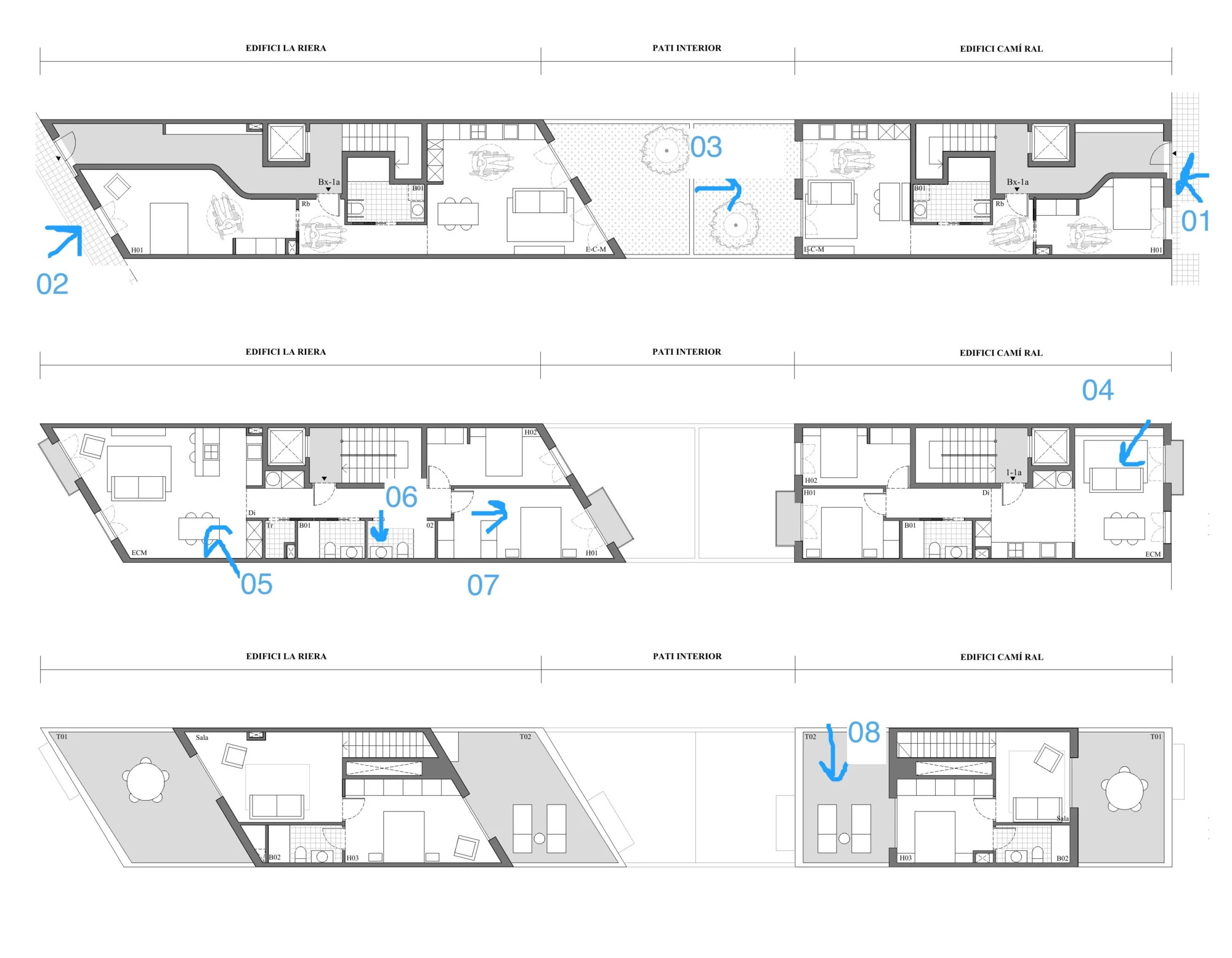 The three floor plans of the development with the eight blue arrows marking the viewpoint of each render