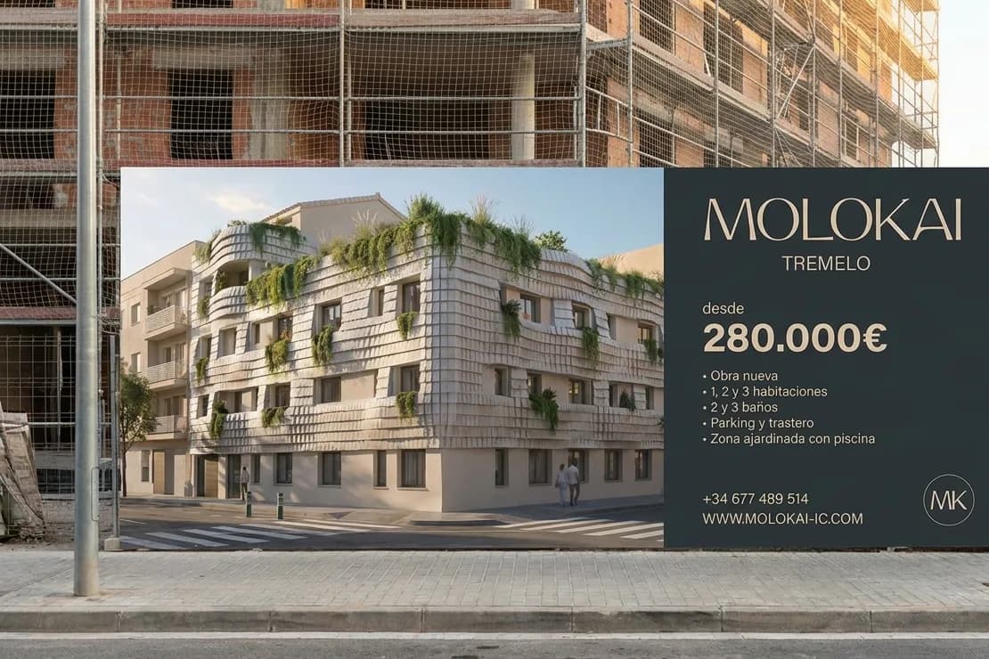 La valla de obra con el render del edificio, el nombre de la promoción y el precio de salida