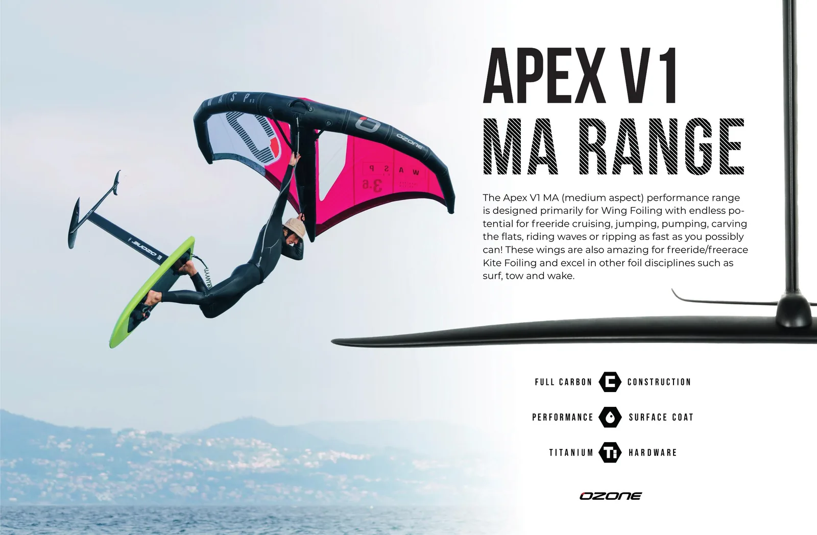 Anuncio de la gama Ozone Apex MA de wing foil, con la ficha técnica del ala