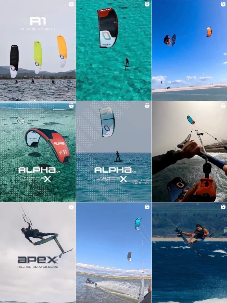 Parrilla de reels de Instagram de Ozone: lanzamientos del R1, el Alpha V3 Ultra-X y el Apex V2 junto a tomas de acción y cámara subjetiva