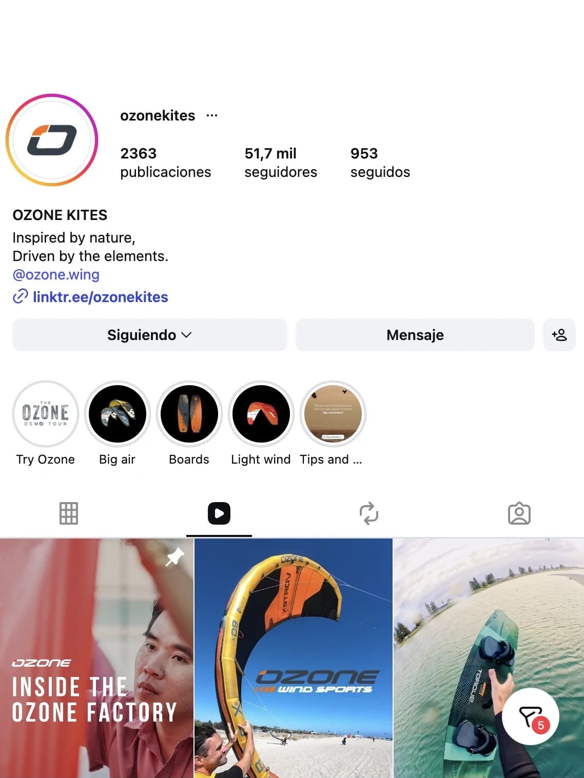 Perfil de Instagram de Ozone Kites: 51,7 mil seguidores, destacados de demo tour, big air, tablas, viento flojo y consejos