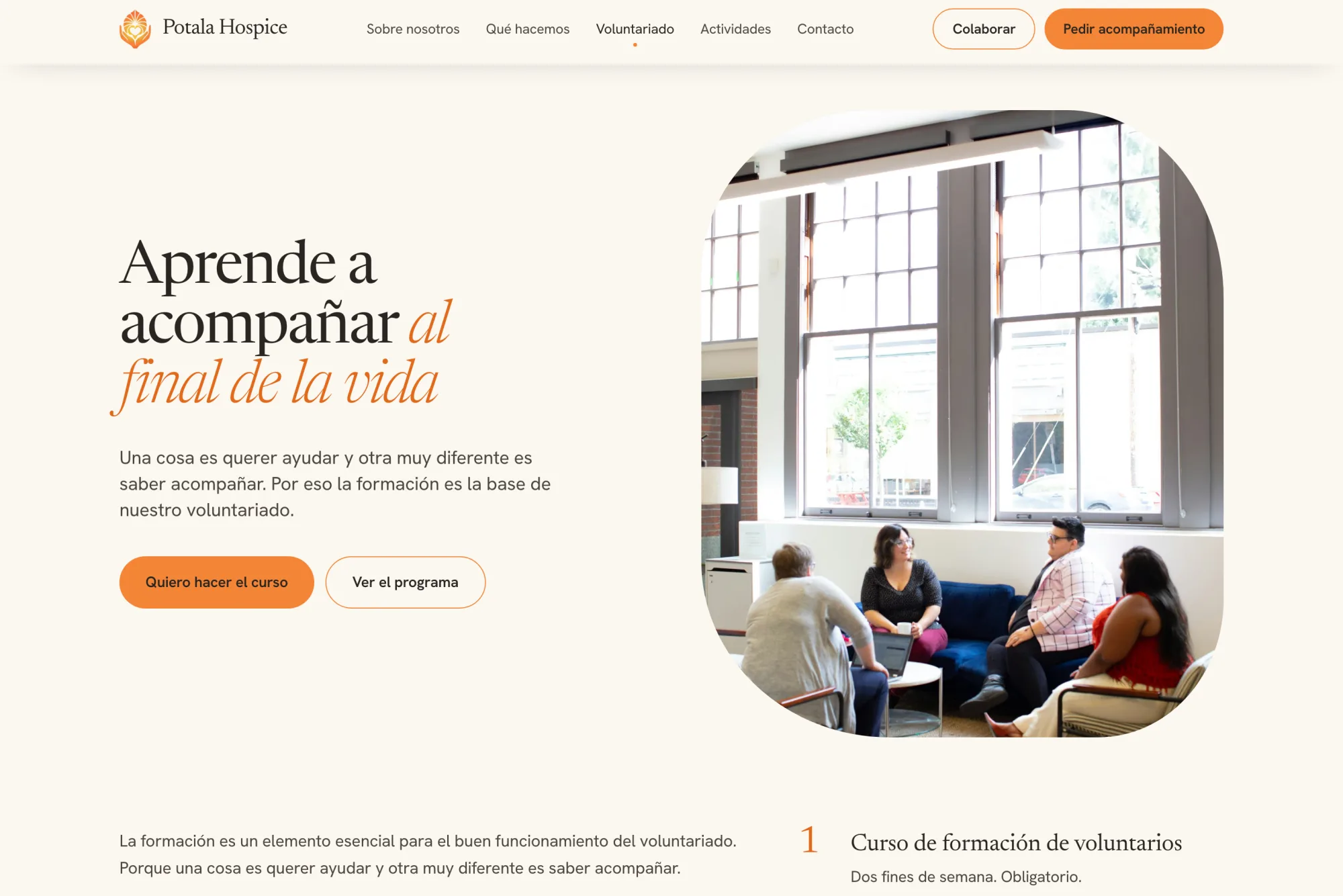 Página de voluntariado de Potala Hospice: «Aprende a acompañar al final de la vida»