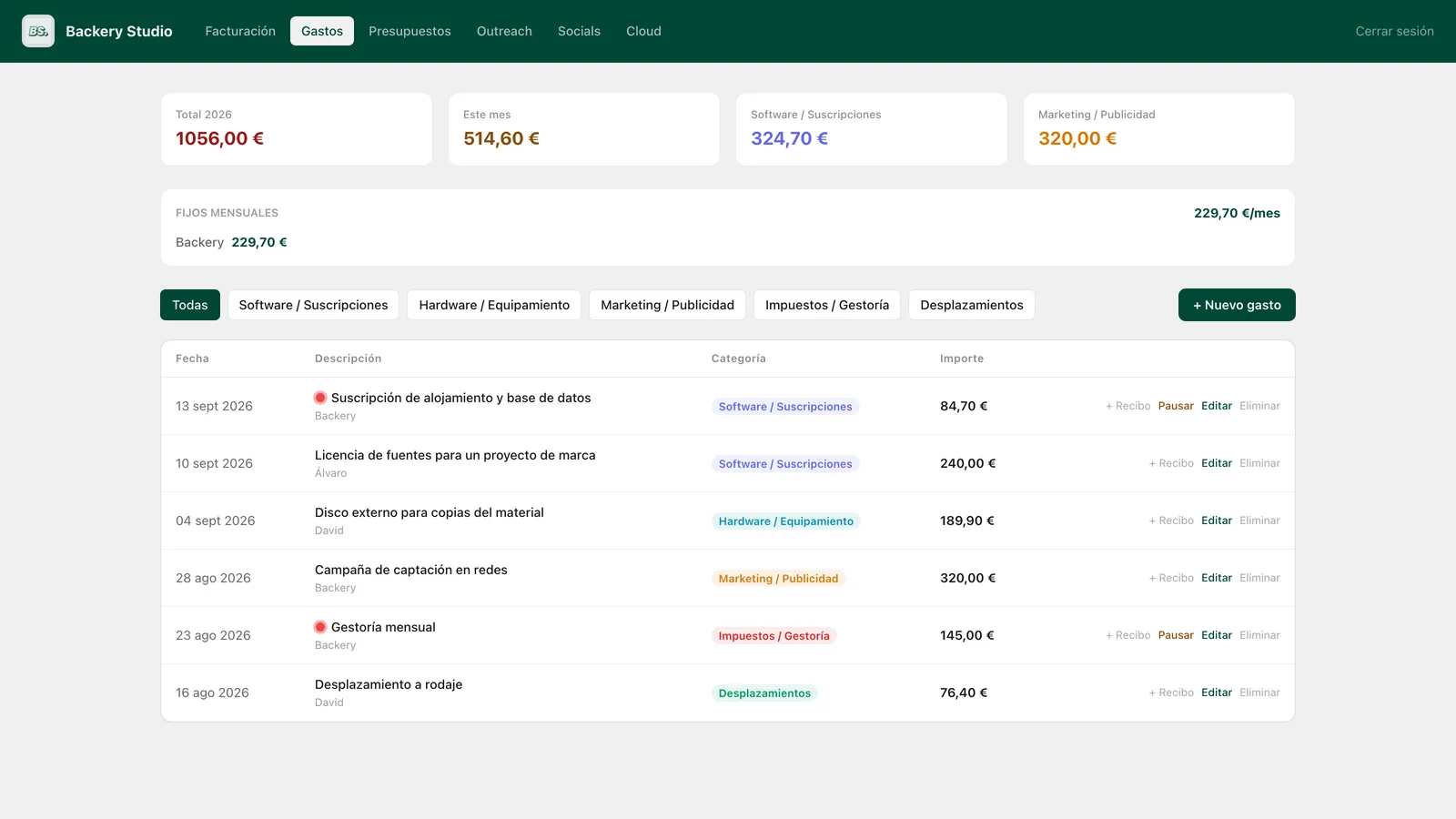 Expenses panel with monthly fixed costs and categories